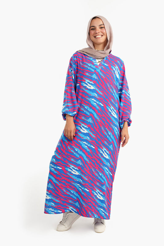 Full Printed Dress in Long Puffy Sleeves