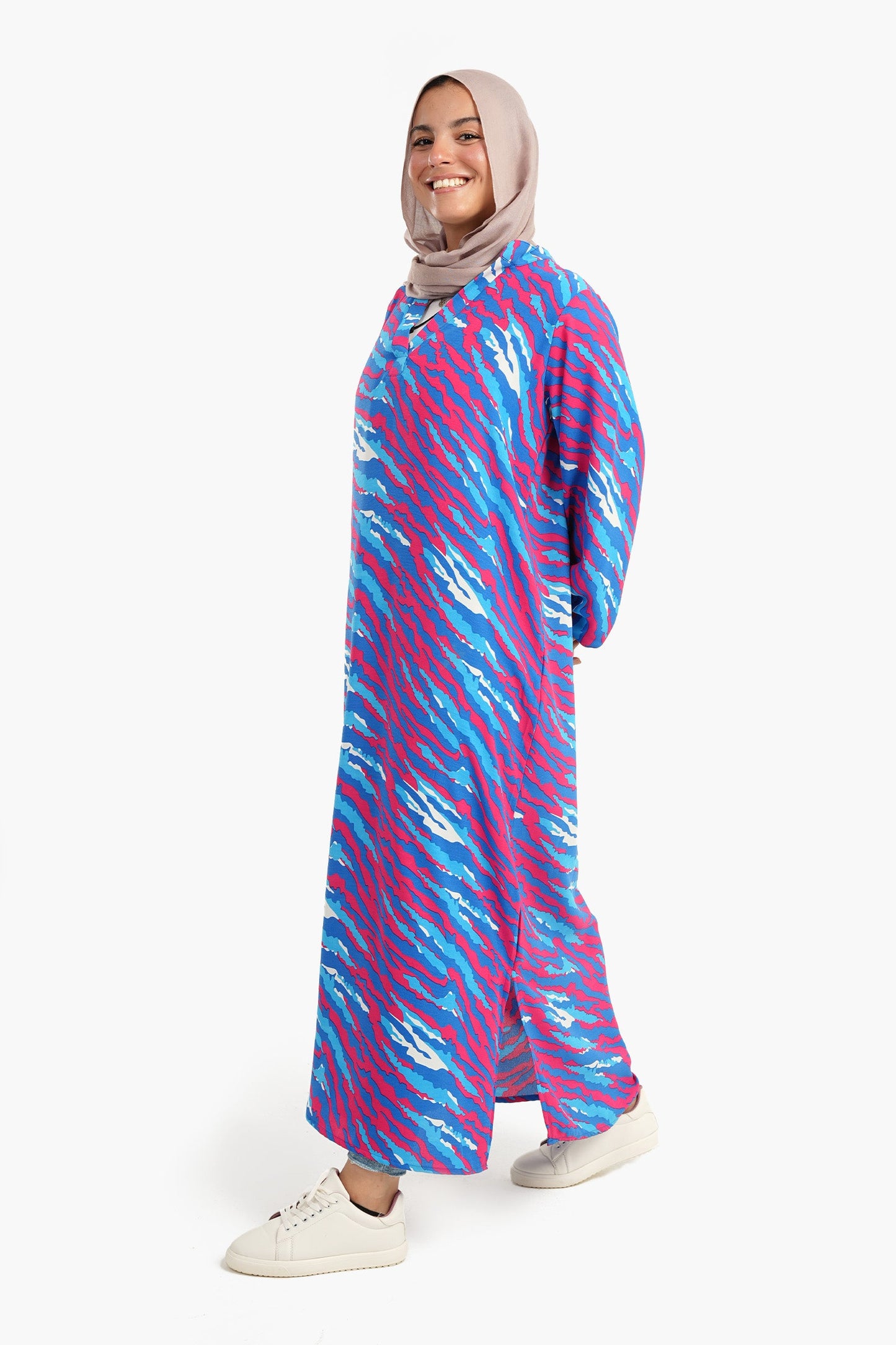 Full Printed Dress in Long Puffy Sleeves