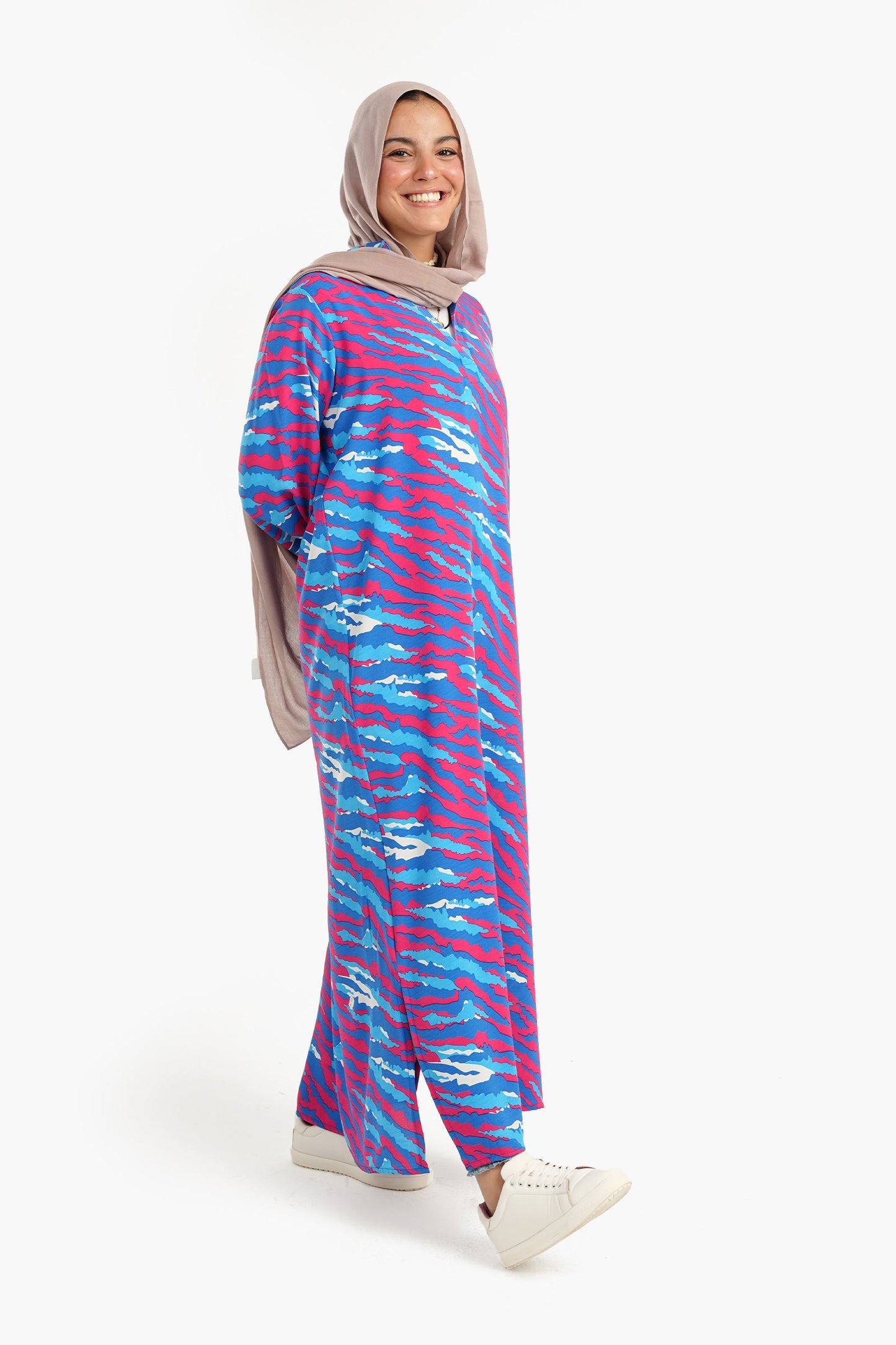 Full Printed Dress in Long Puffy Sleeves