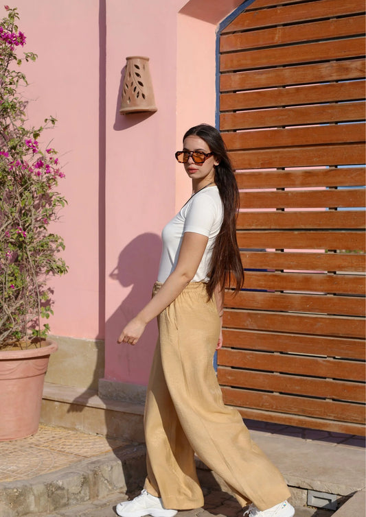 Camel Elasticated Waist Chiffon Pants