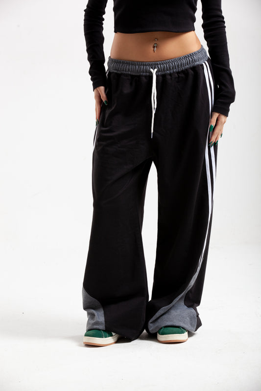 Black Elastic Waist Wide-Leg Sweatpants