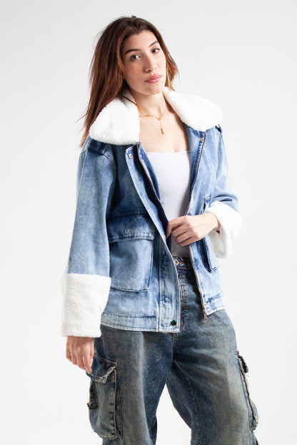 Denim Jacket with Fur Collar & Cuffs