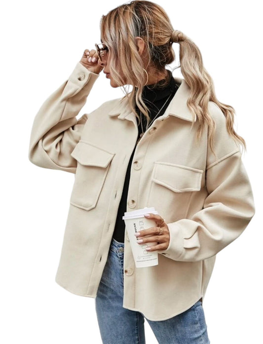 Beige Flap Pockets Oversized Shirt