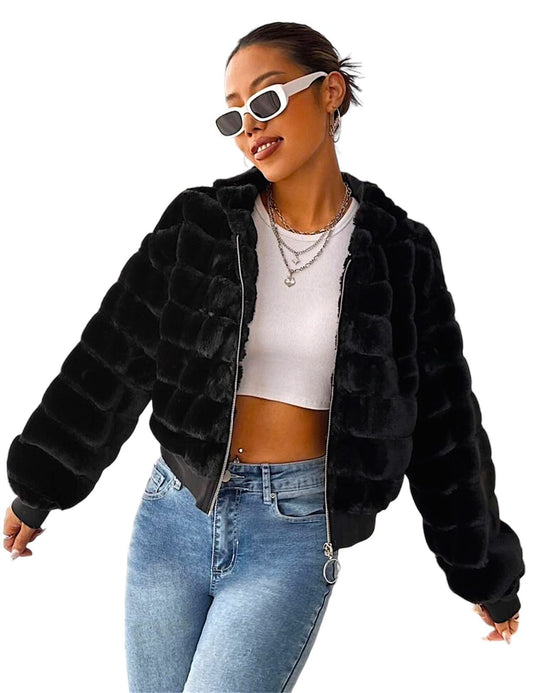 Black Fluffy Fur Jacket with Zipper