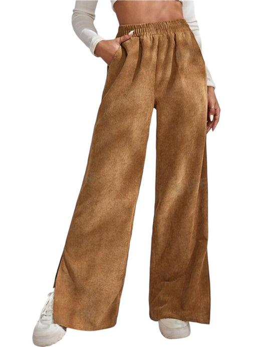 Brown Side Slit Velvet Wide Leg Pants