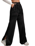 Black Side Slit Velvet Wide Leg Pants