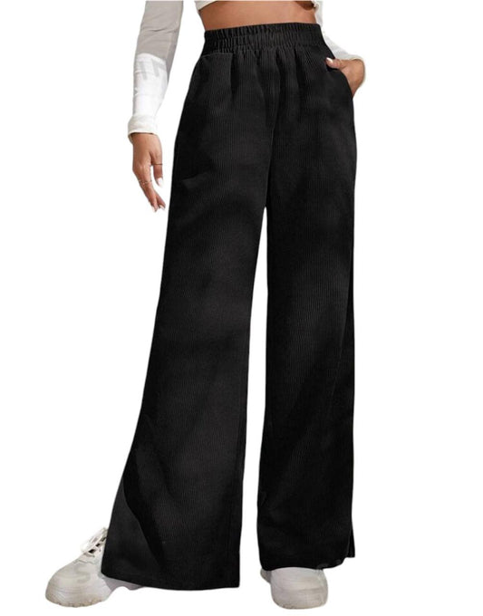 Black Side Slit Velvet Wide Leg Pants