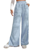 Baby Blue Side Slit Velvet Wide Leg Pants