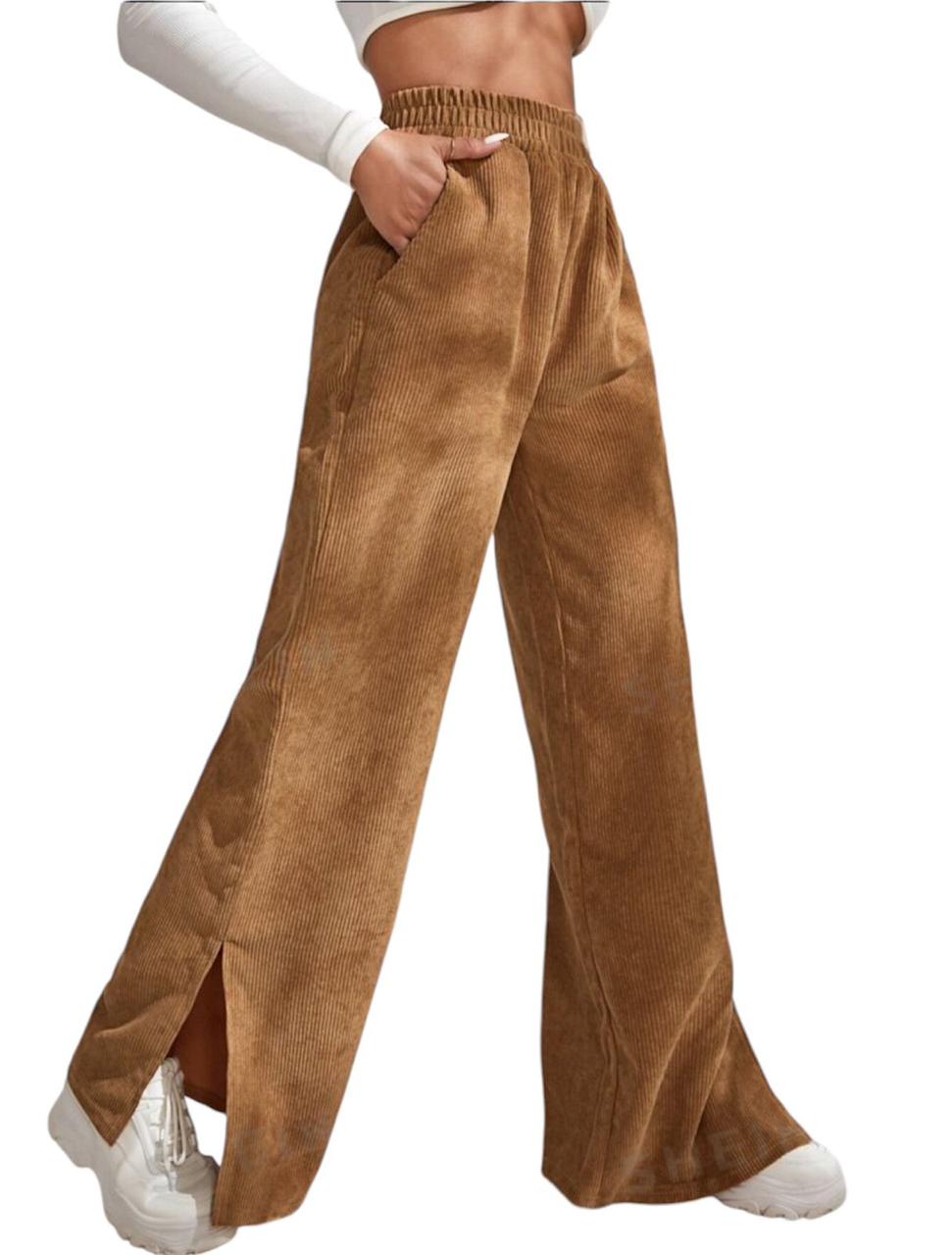 Brown Side Slit Velvet Wide Leg Pants