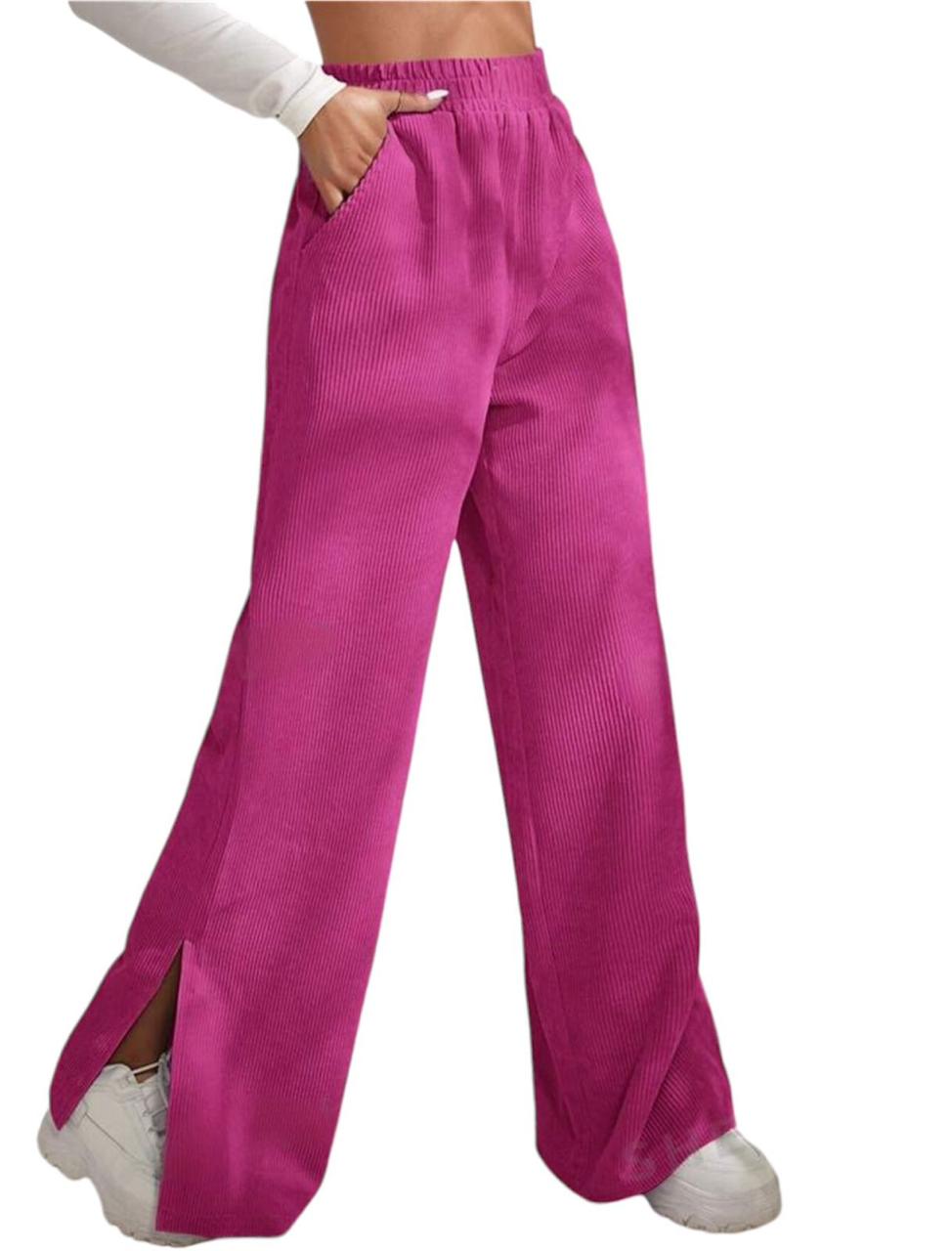 Fuchsia Side Slit Velvet Wide Leg Pants