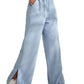 Baby Blue Side Slit Velvet Wide Leg Pants