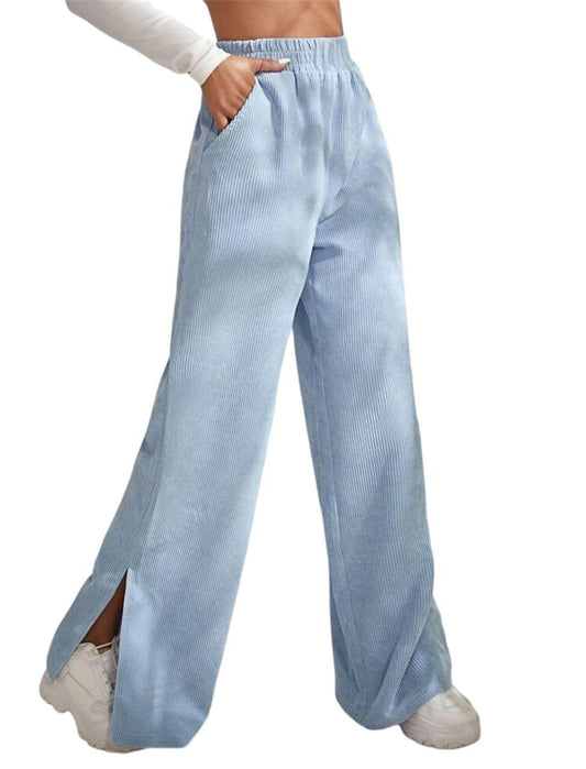 Baby Blue Side Slit Velvet Wide Leg Pants