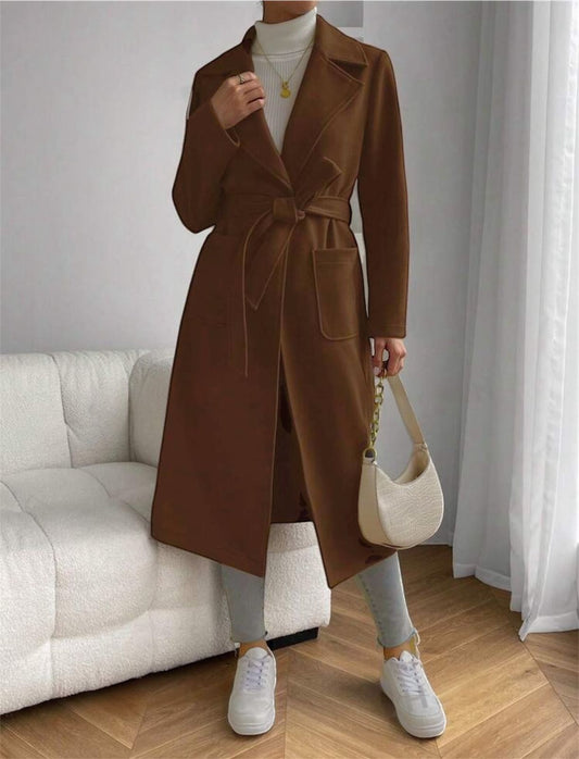 Brown Classic Wool Coat with Tie-Belt