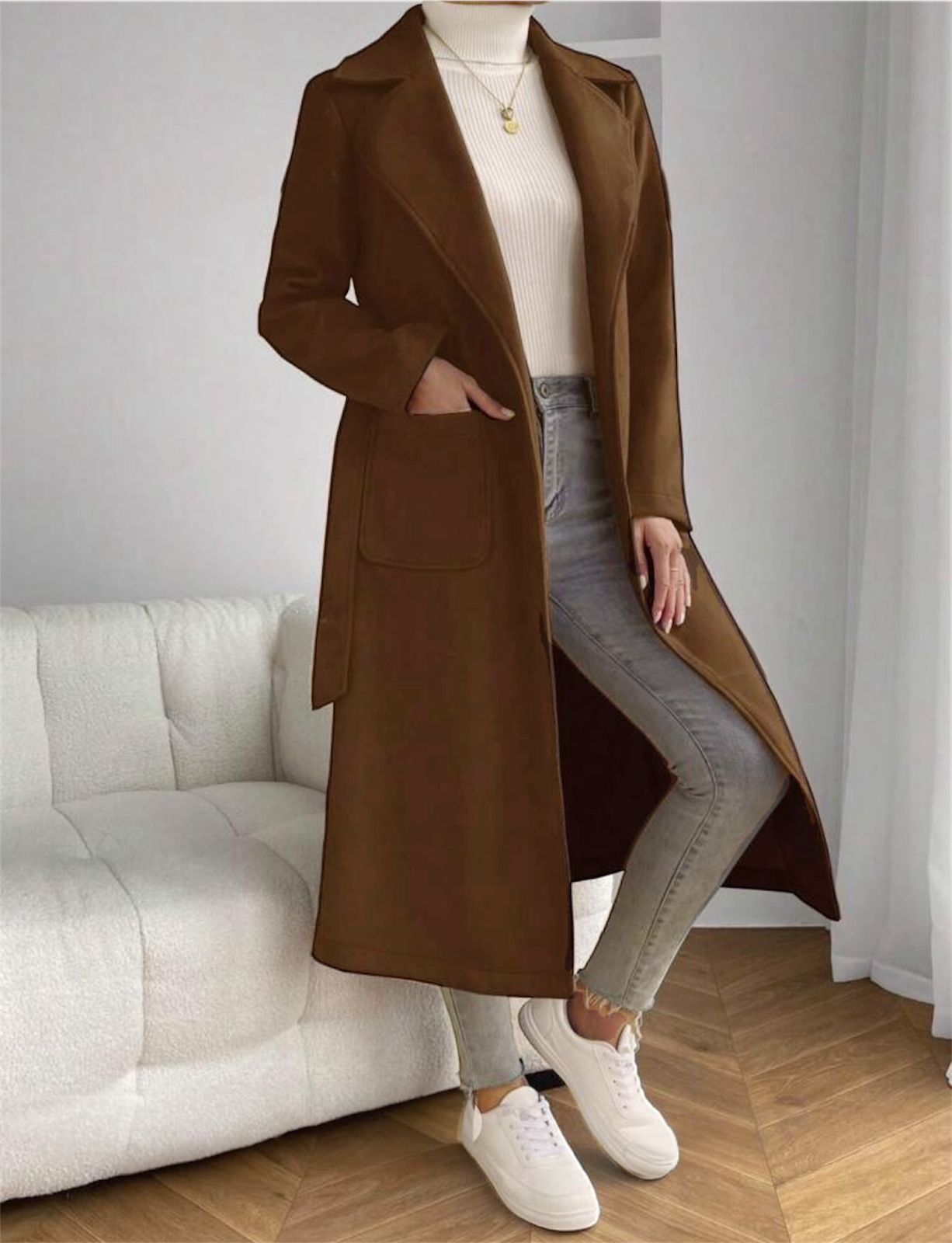 Brown Classic Wool Coat with Tie-Belt