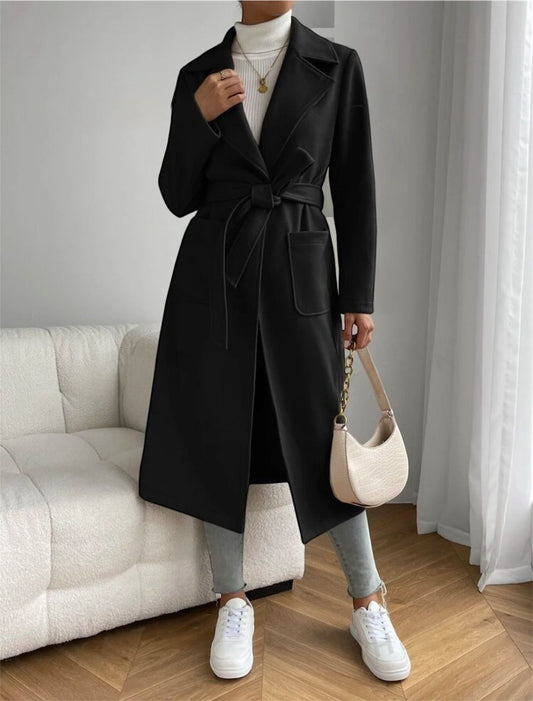 Black Classic Wool Coat with Tie-Belt