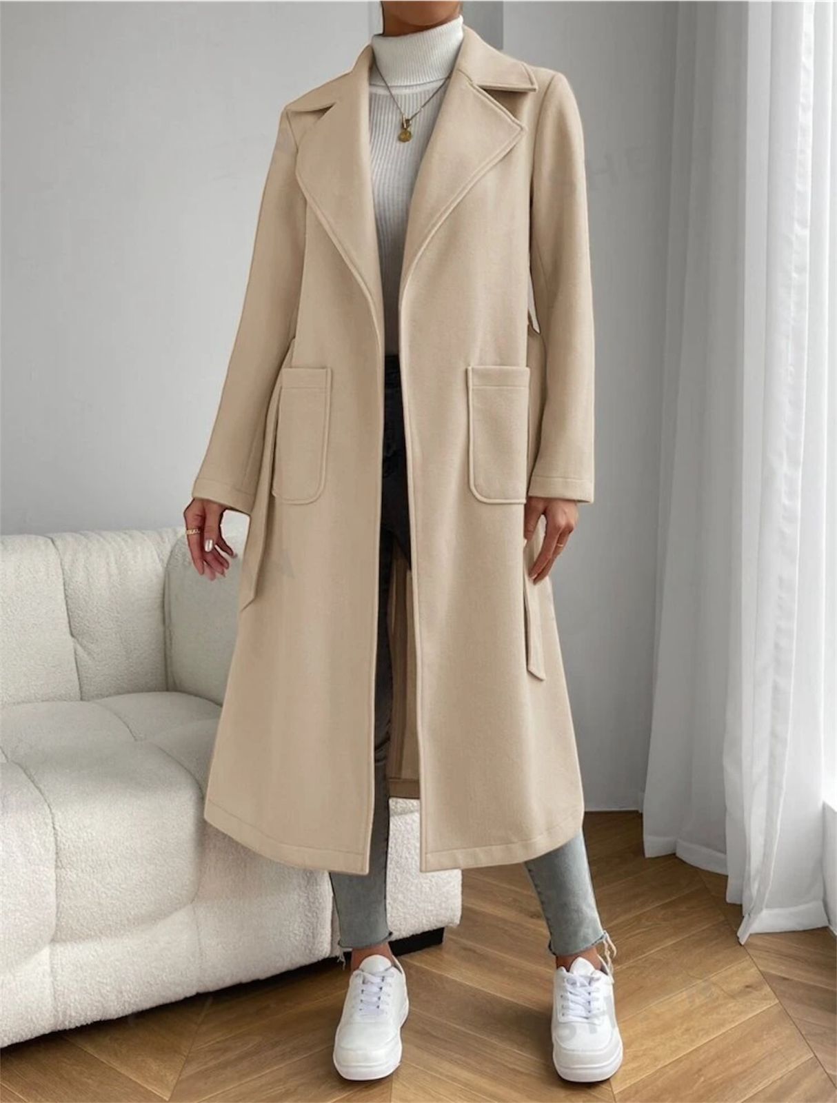 Beige Classic Wool Coat with Tie-Belt