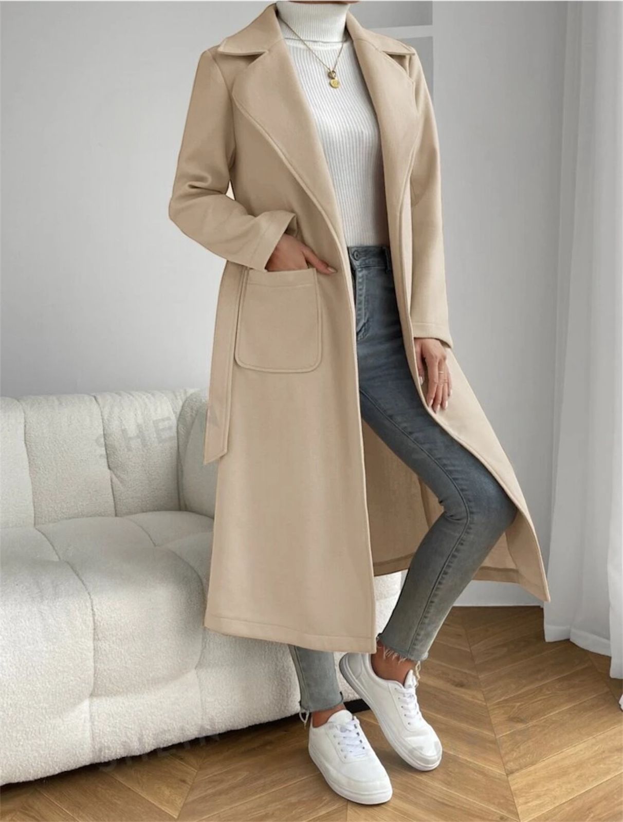 Beige Classic Wool Coat with Tie-Belt