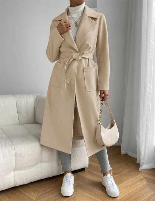 Beige Classic Wool Coat with Tie-Belt