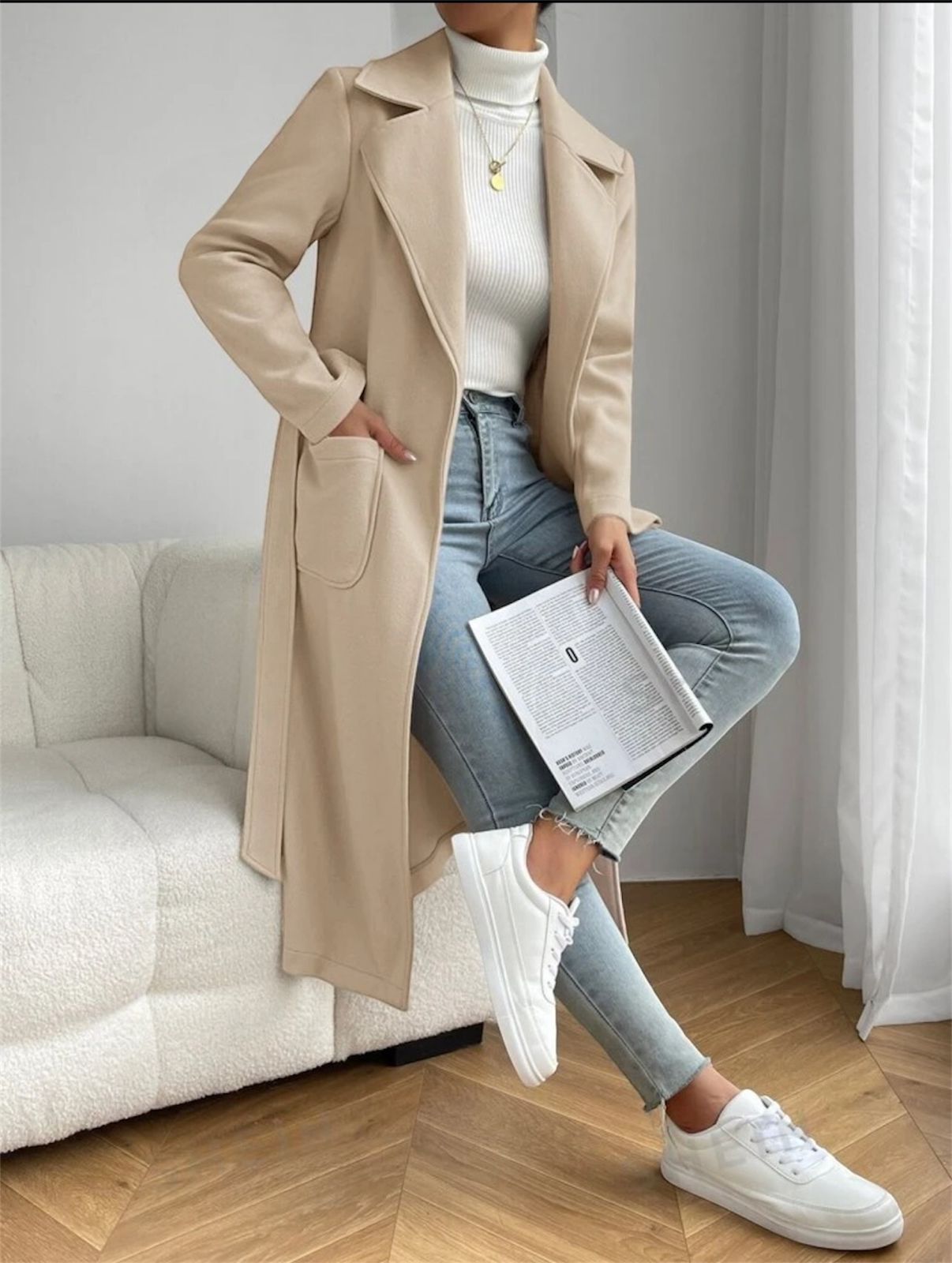 Beige Classic Wool Coat with Tie-Belt