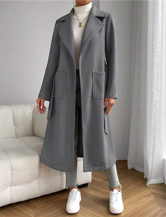 Gray Classic Wool Coat with Tie-Belt