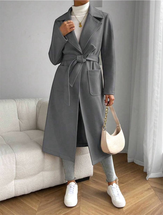 Gray Classic Wool Coat with Tie-Belt