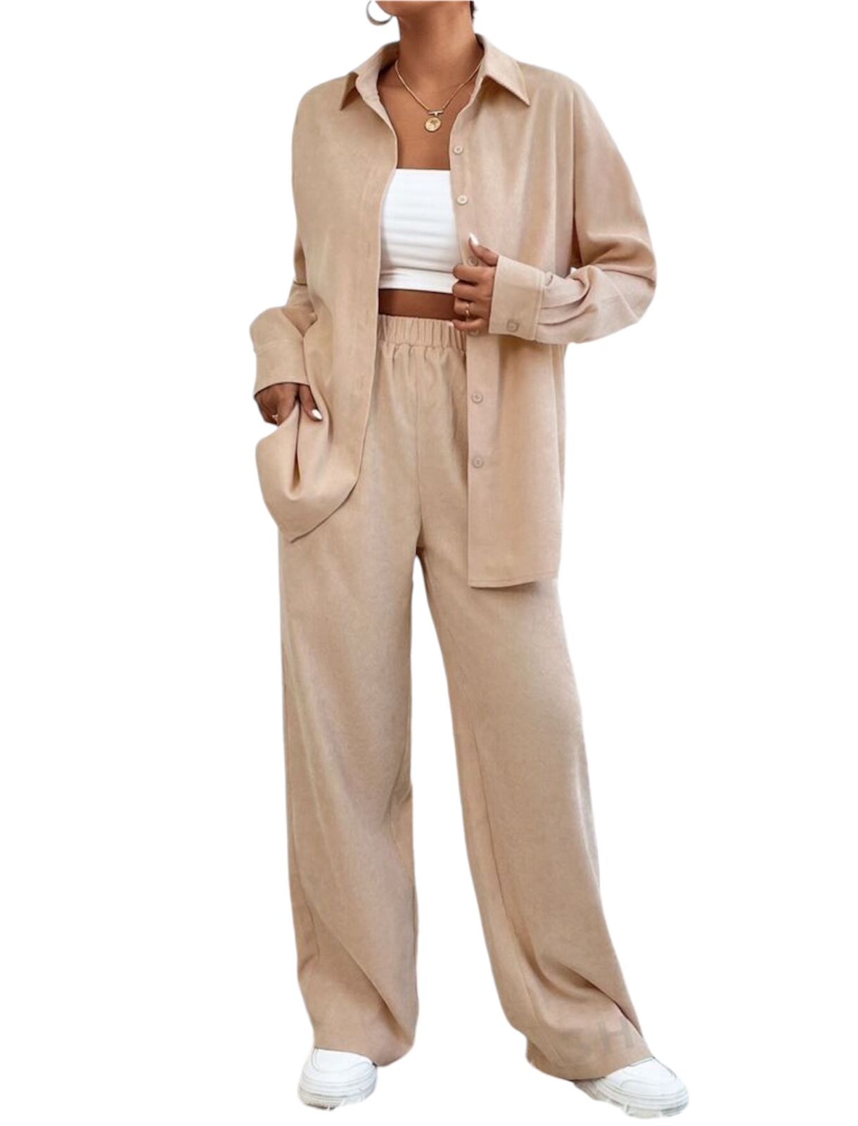 Beige Velvet Set of Shirt & Slip-on Pants