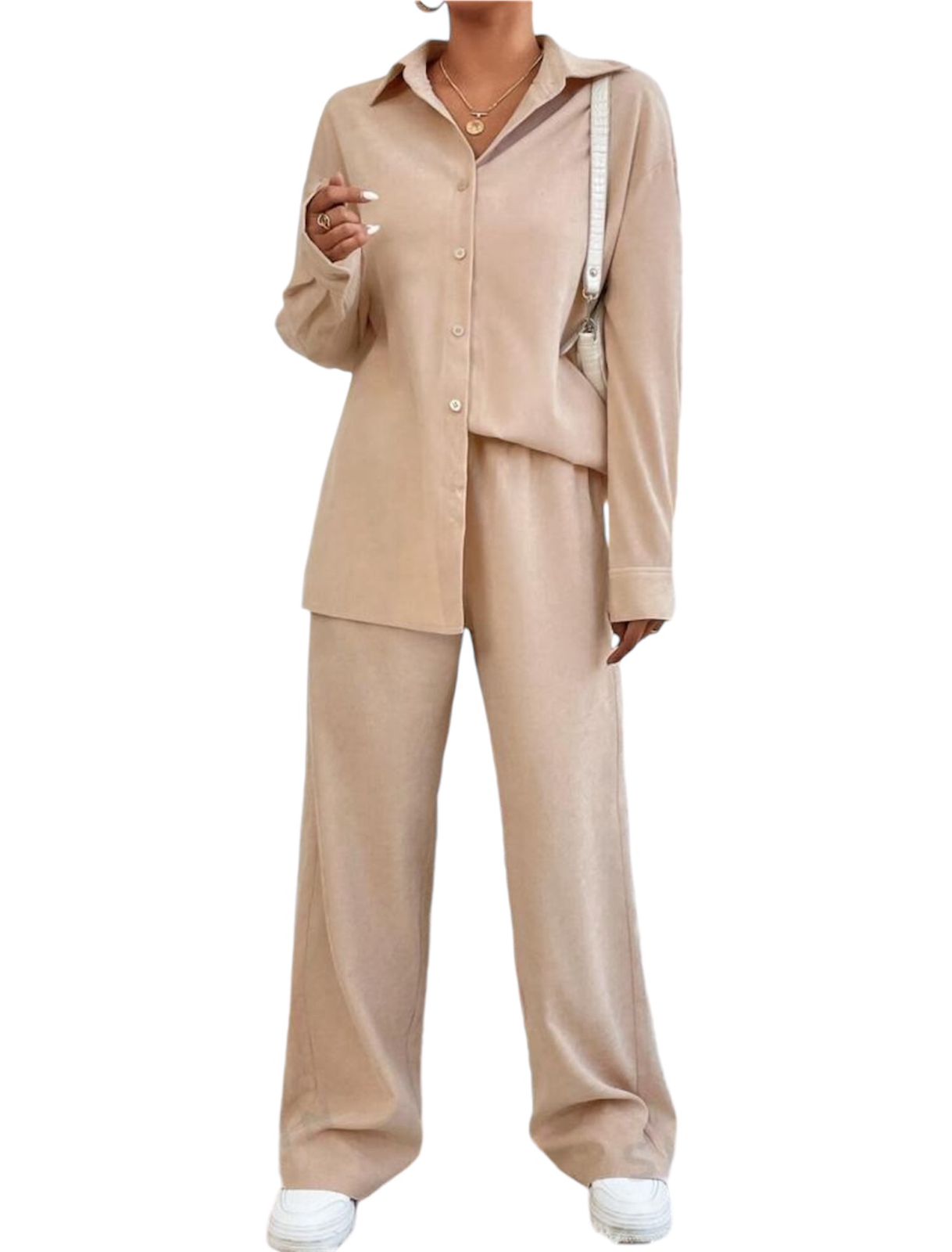 Beige Velvet Set of Shirt & Slip-on Pants