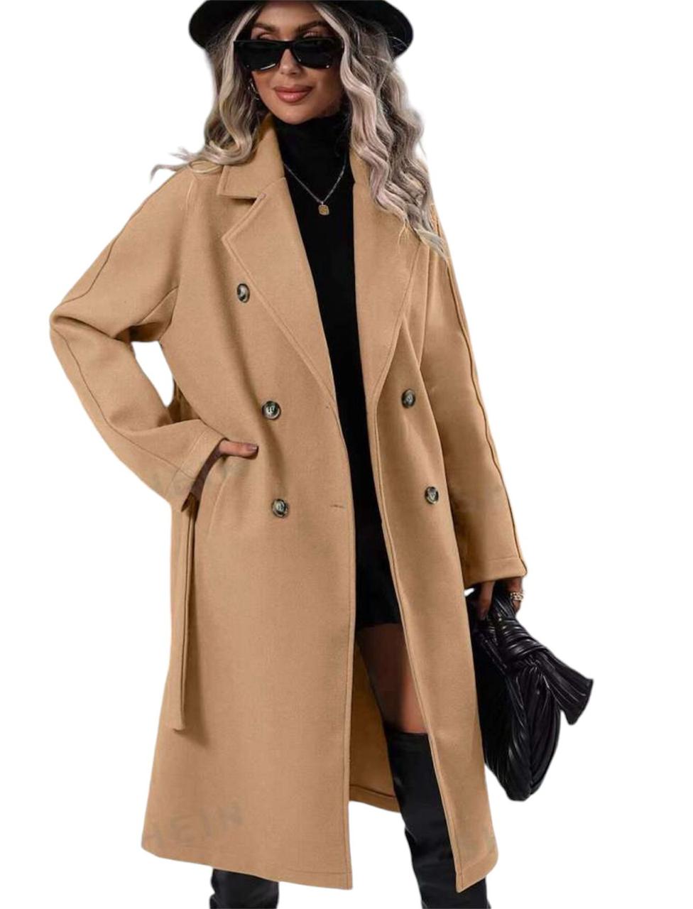 Camel Double Breasted Coat with Tie-Belt