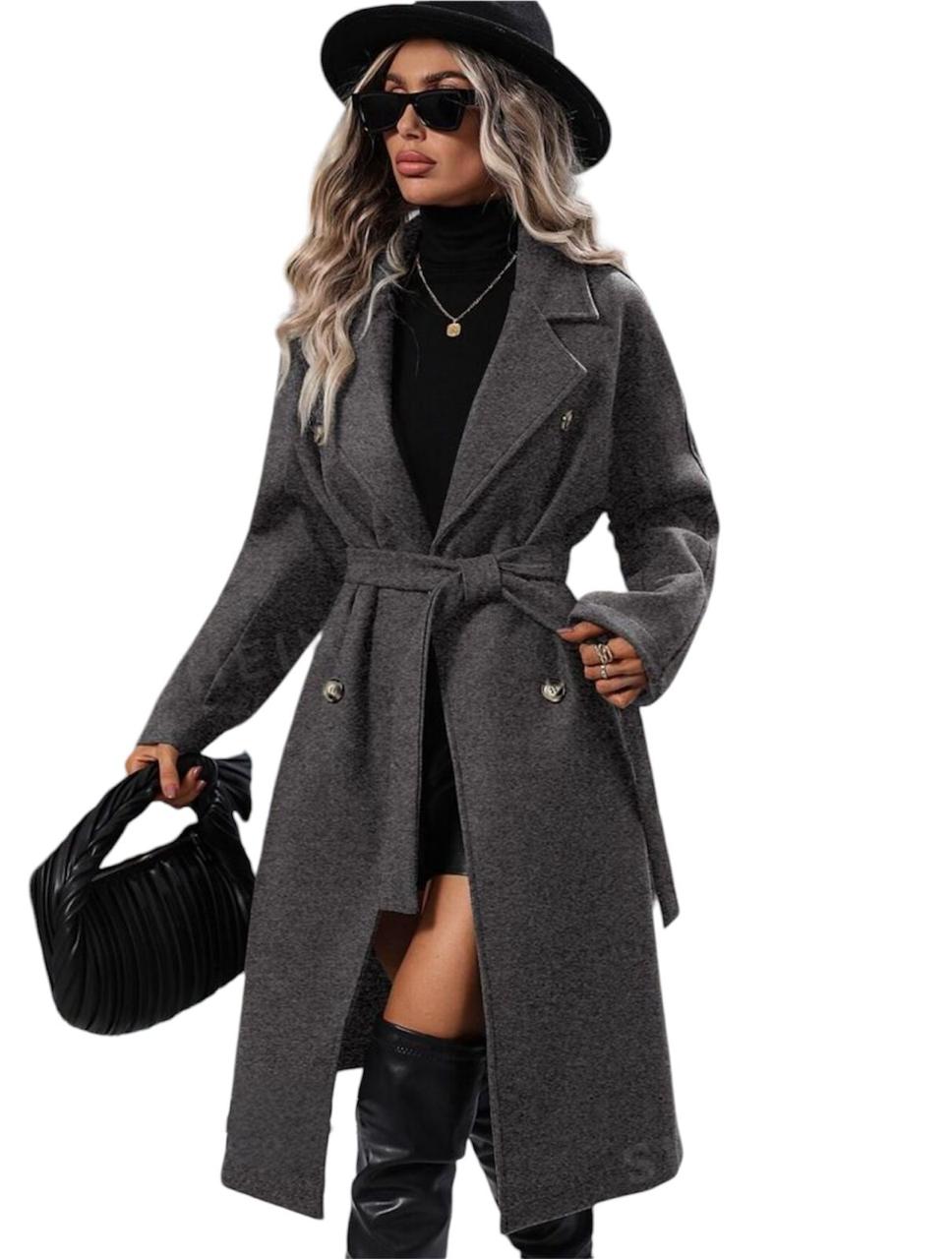 Gray Double Breasted Coat with Tie-Belt