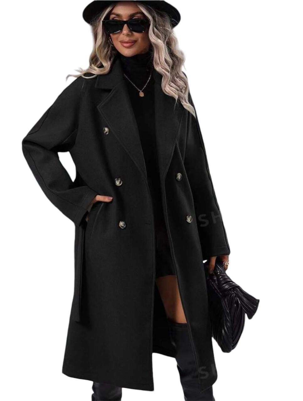 Black Double Breasted Coat with Tie-Belt