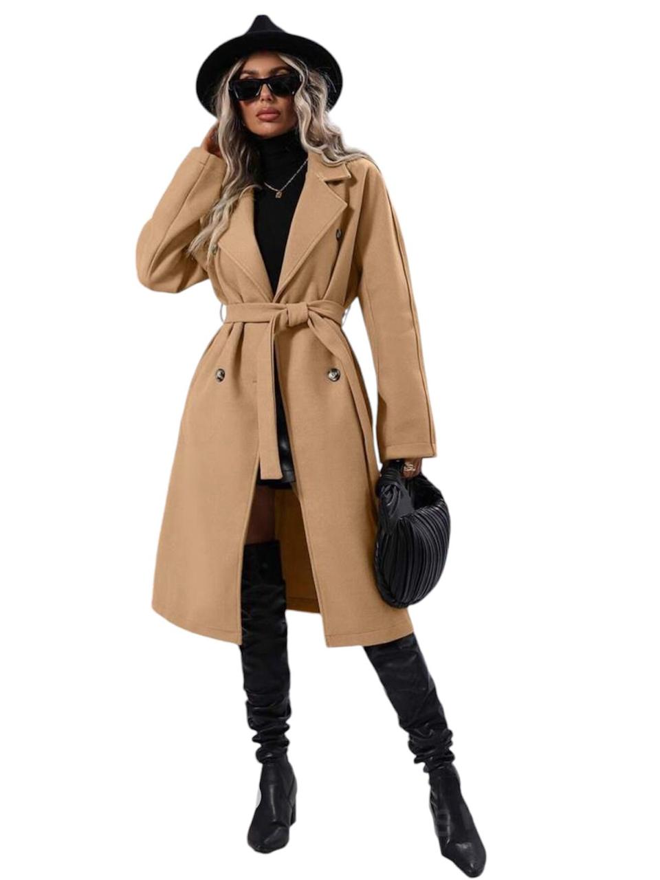 Camel Double Breasted Coat with Tie-Belt