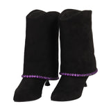 Black Suede Half Boots with Purple Beads