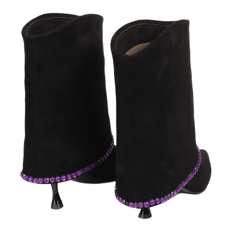 Black Suede Half Boots with Purple Beads