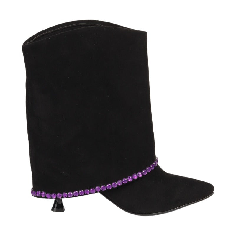 Black Suede Half Boots with Purple Beads