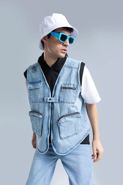 Denim Blue Multi Pockets Regular Vest