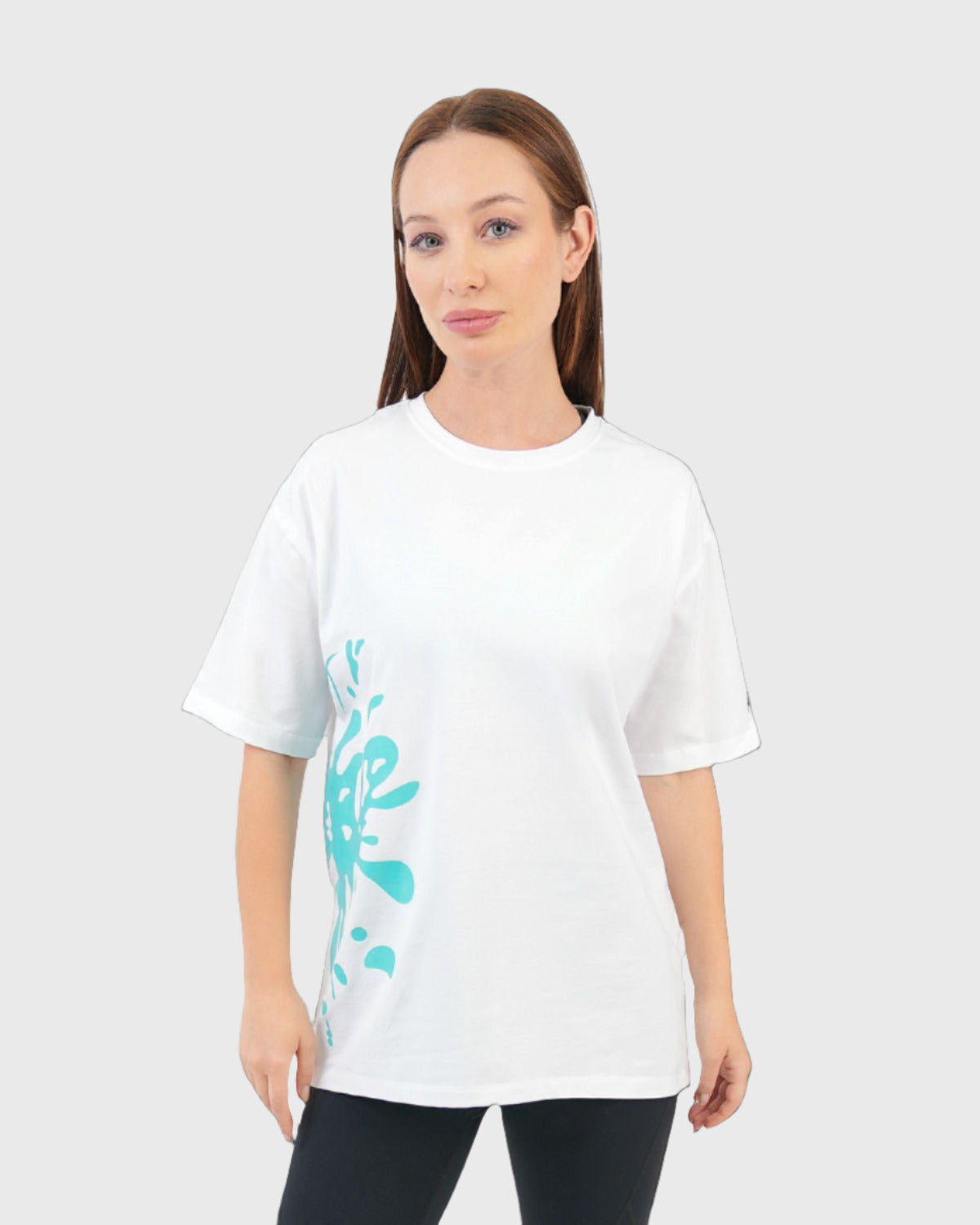 ATUM| Oversized Splash Women's T-Shirt - White With DarkTurquoise panting 