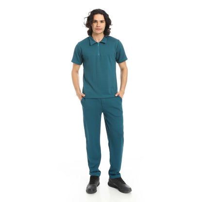 Quarter Zip Textured T-Shirt & Pants Set