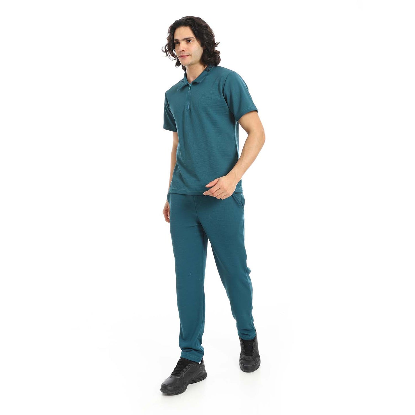 Quarter Zip Textured T-Shirt & Pants Set