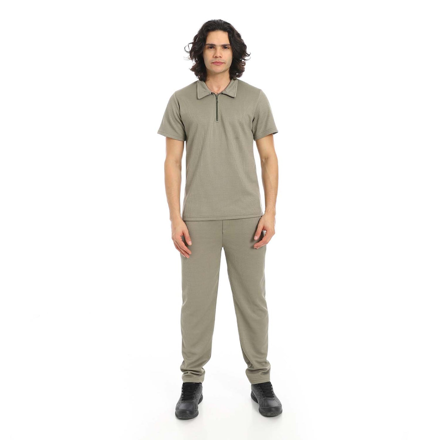 Quarter Zip Textured T-Shirt & Pants Set