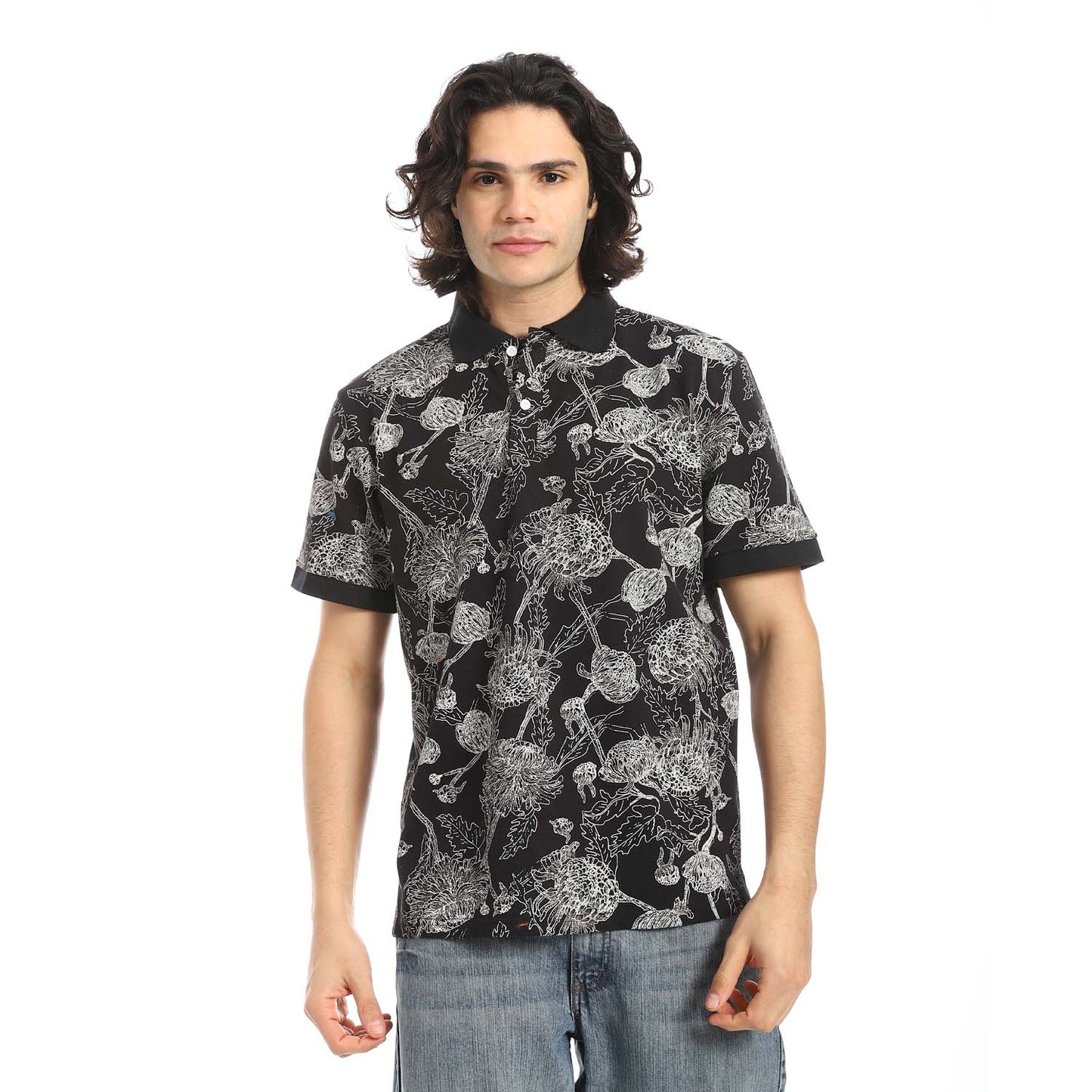 Black Printed Regular Fit Polo Shirt - تي شيرت بولو مطبوع بقصة عادية