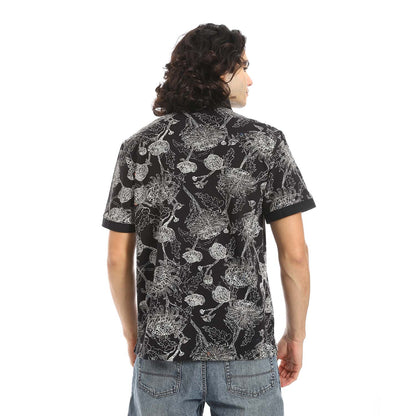 Black Printed Regular Fit Polo Shirt - تي شيرت بولو مطبوع بقصة عادية