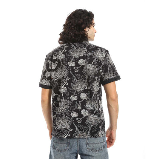Black Printed Regular Fit Polo Shirt - تي شيرت بولو مطبوع بقصة عادية
