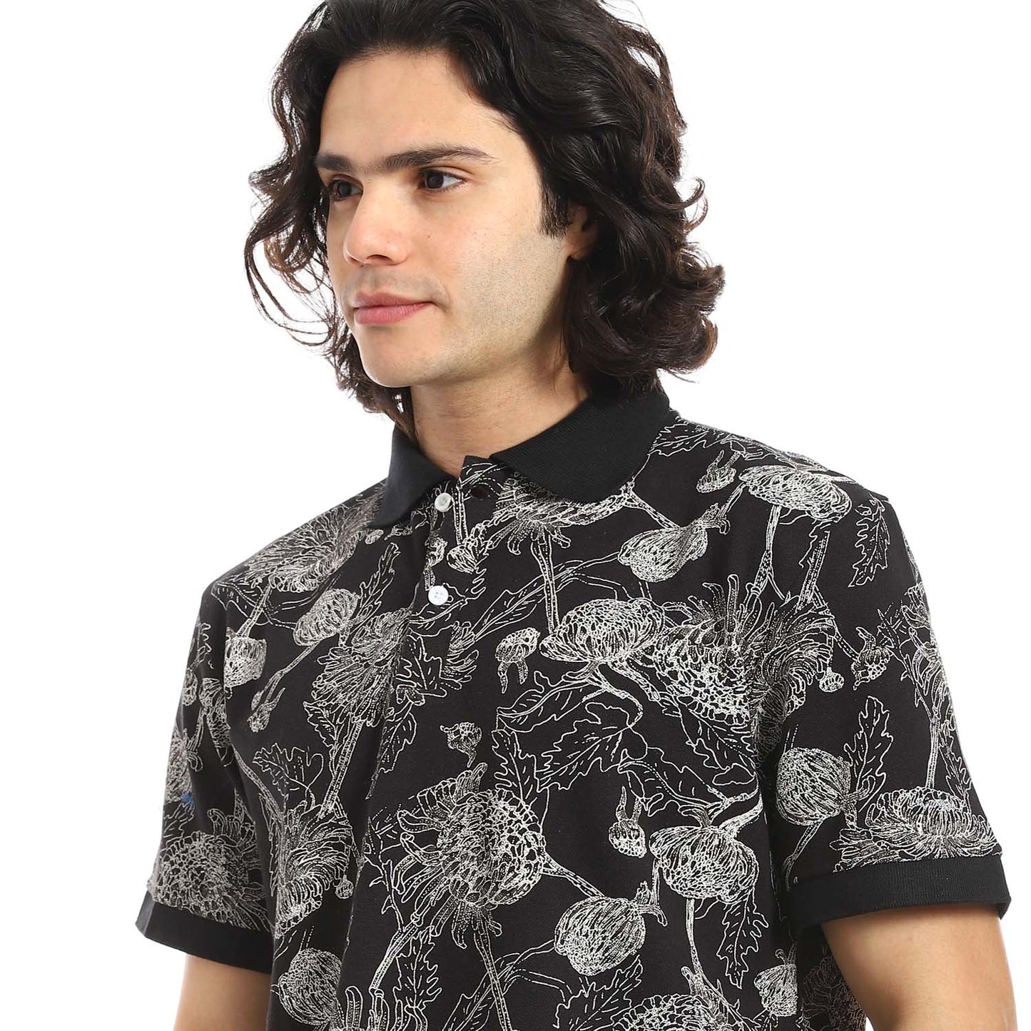 Black Printed Regular Fit Polo Shirt - تي شيرت بولو مطبوع بقصة عادية