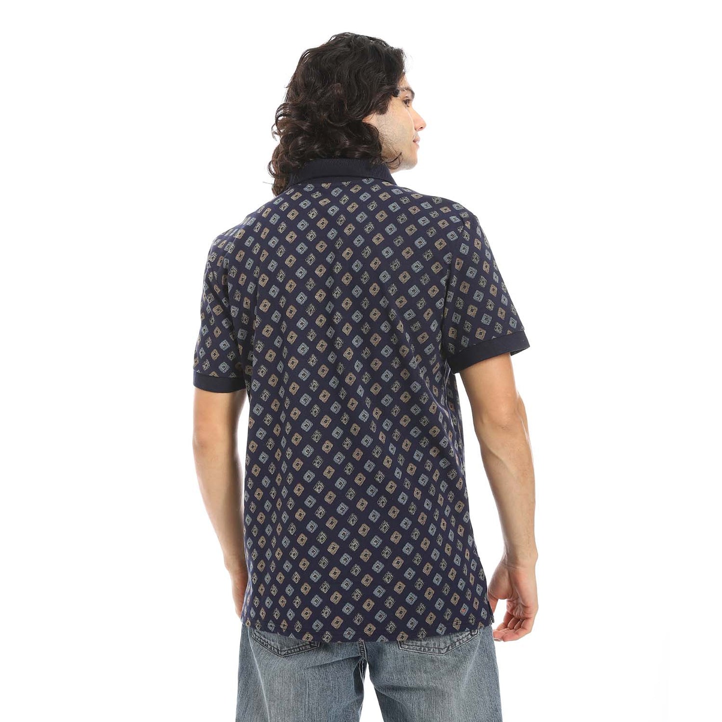 Navy Printed Regular Fit Polo Shirt - تي شيرت بولو مطبوع بقصة عادية