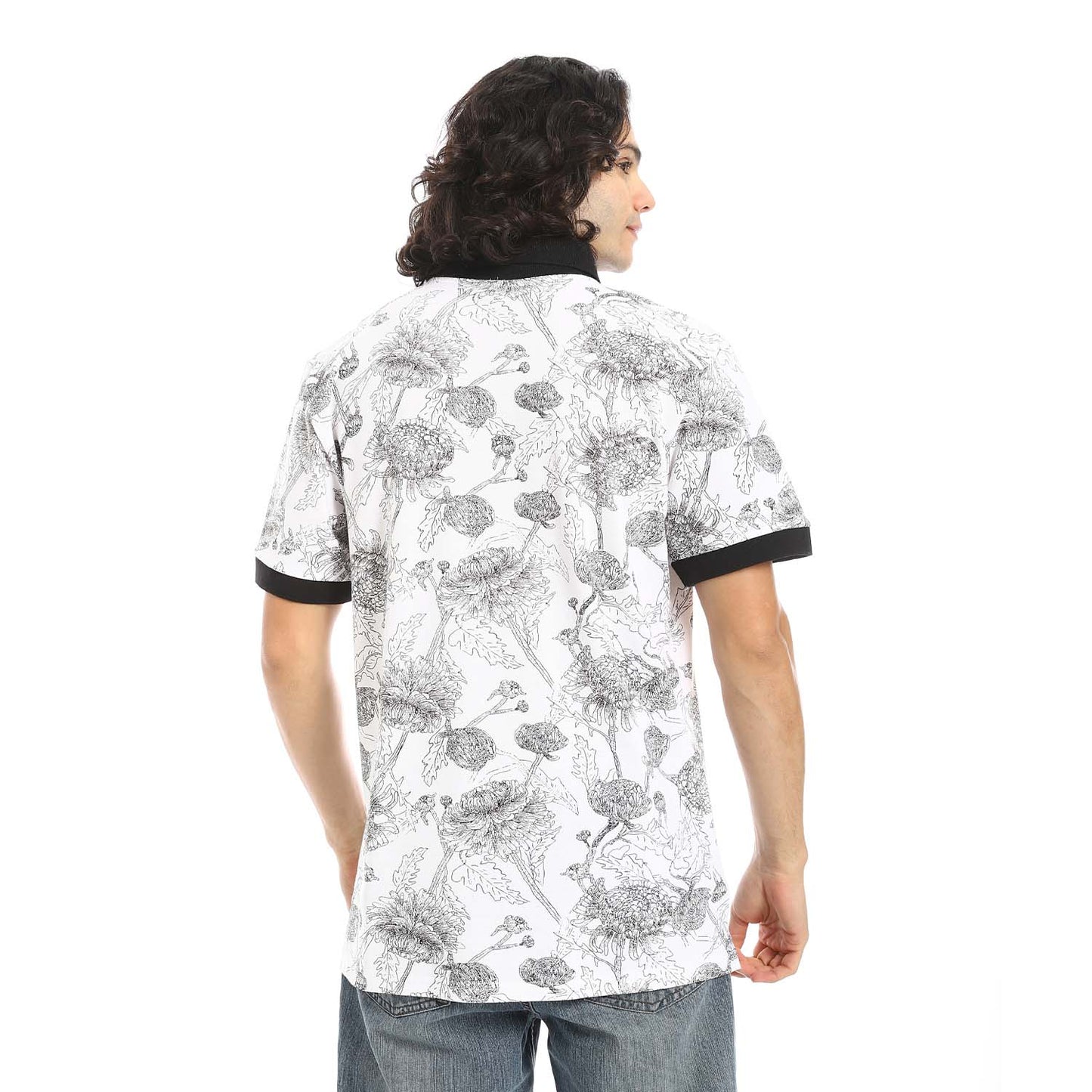 White Printed Regular Fit Polo Shirt - تي شيرت بولو مطبوع بقصة عادية