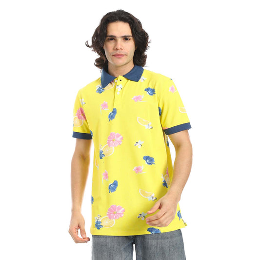 Yellow Printed Regular Fit Polo Shirt - تي شيرت بولو مطبوع بقصة عادية