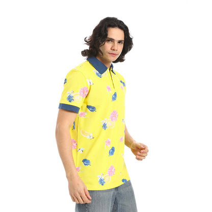 Yellow Printed Regular Fit Polo Shirt - تي شيرت بولو مطبوع بقصة عادية