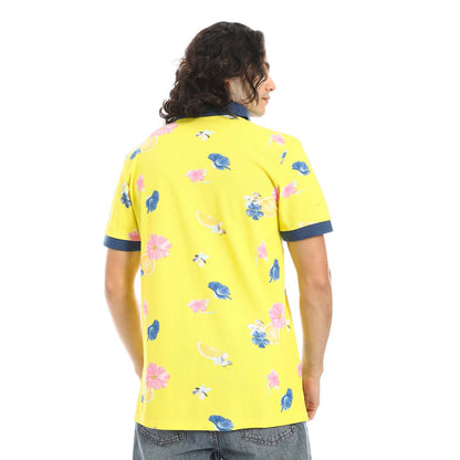 Yellow Printed Regular Fit Polo Shirt - تي شيرت بولو مطبوع بقصة عادية