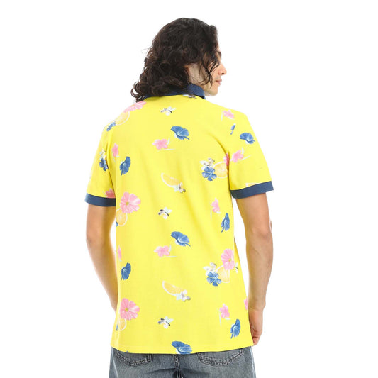 Yellow Printed Regular Fit Polo Shirt - تي شيرت بولو مطبوع بقصة عادية