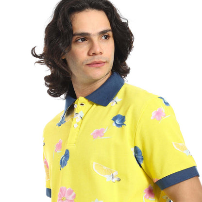 Yellow Printed Regular Fit Polo Shirt - تي شيرت بولو مطبوع بقصة عادية